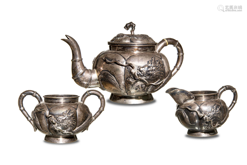 3-Piece Chinese Silver Dragon Tea Set