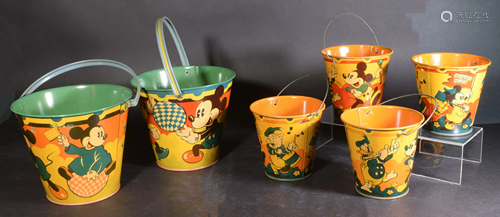 Six NOS 1930s Disney Happynak Sand Pails