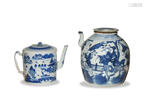 2 Chinese Canton Export Blue and White Teapots