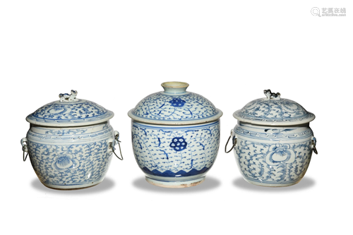 3 Chinese Blue and White Congee Pots, 19th Cent…