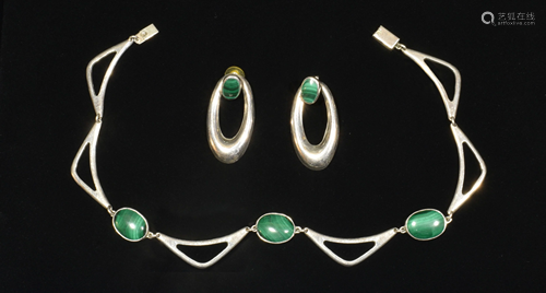 Taxco Sterling and Malachite Necklace and Earri…