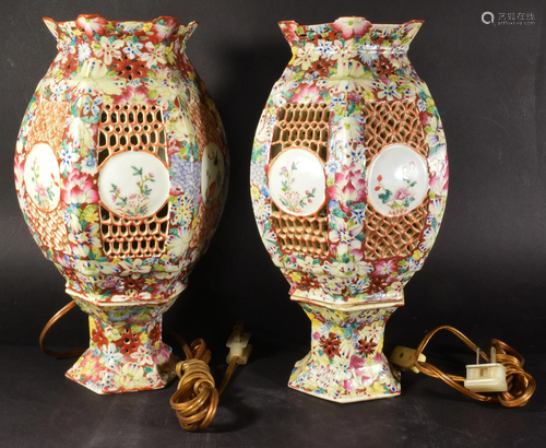 Pair of Chinese Famille Rose Lamps, Republic