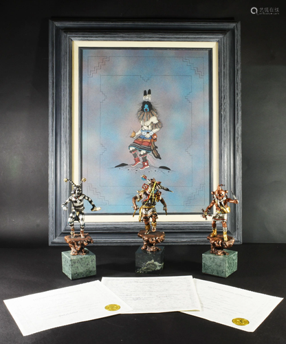 4 Boxed Kachina Sculptures and Sand Painting