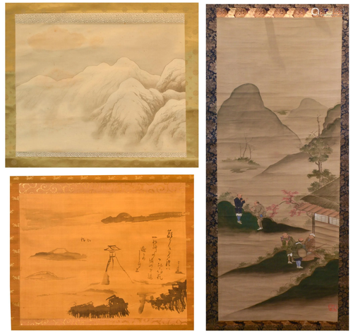 3 Japanese Landscape Scroll Paintings