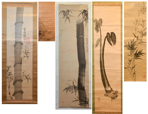 5 Japanese Paintings with Bamboo and Flowers