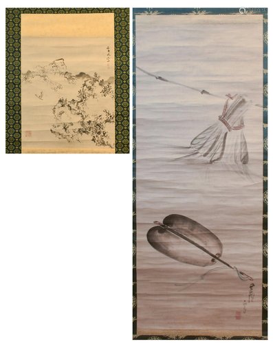 2 Japanese Scroll Paintings, Landscape and Fans