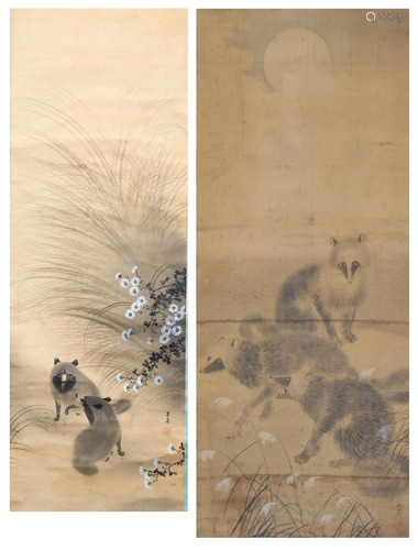 2 Japanese Paintings of Raccoons