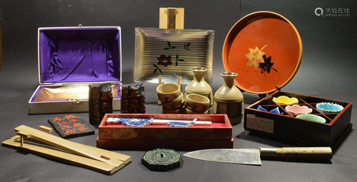 16 Assorted Japanese Items, Sake, Lacquer Etc.