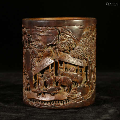 Qing Bamboo carving landscape character pen holder