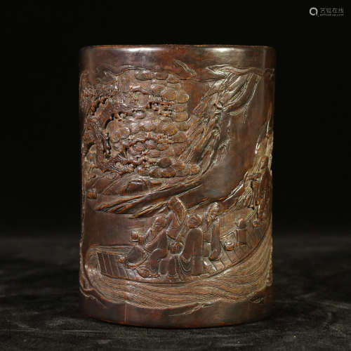 Qing Bamboo carving landscape character pen holder