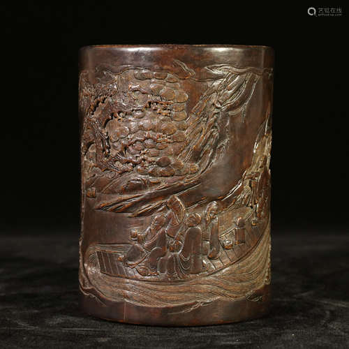 Qing Bamboo carving landscape character pen holder