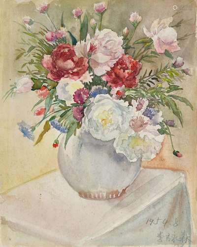 李咏森(1898-1998) 玫瑰花、瓶中花卉（双面画）