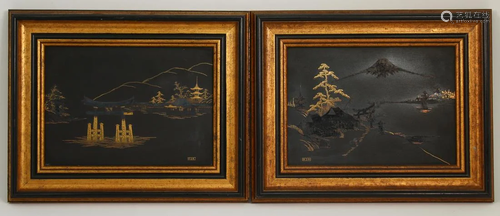 (2) Framed Gold Inlaid Asian Plaques