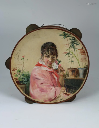 Signed, 19th C. Handpainted Tambourine