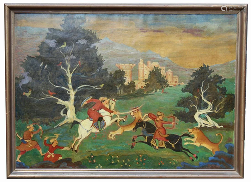 Antique Persian Hunt Scene Painting, Signed