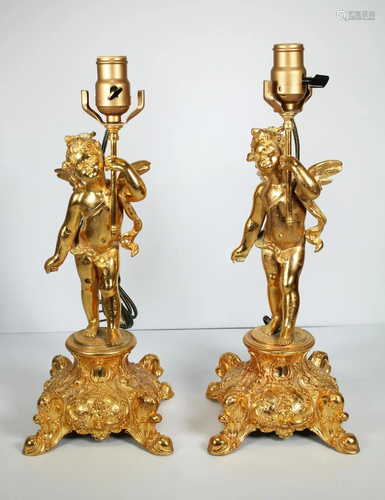 Antique Pair of Gilt Cherub Lamps