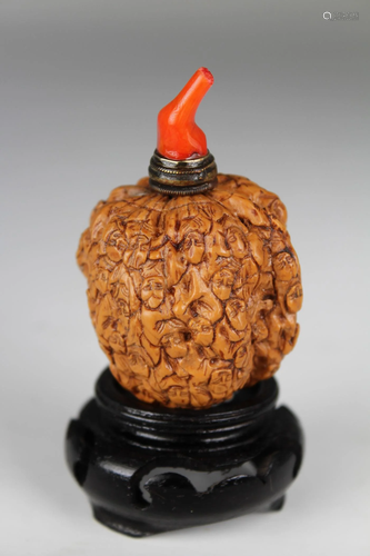 Qing Dynasty, Chinese Carved Walnut Snuff Bottle