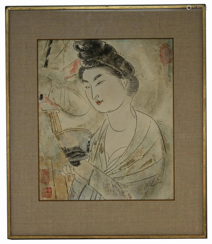 Chinese School, Signed Portrait of a Woman W/C