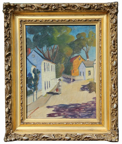 Signed, 1946 Street Scene Painting with Figure