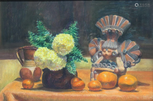 Gregory Mejia (20th C.) Still Life w/ Aztec Figure