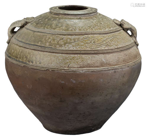 A Large Chinese Han Dynasty Glazed Stoneware Jar with Incised Patterns