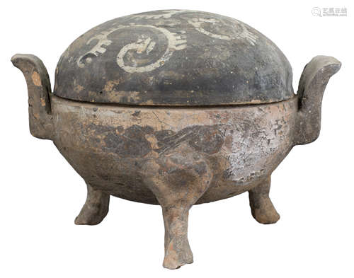 A Chinese Western Han Dynasty Painted Pottery Ding (206 BC - AD 8)