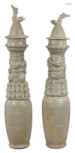 A Pair of Tall Chinese Song Dynasty Qingbai Porcelain Dragon Vases