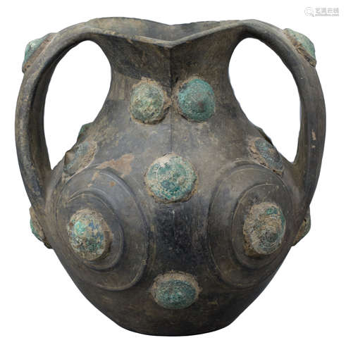 A Chinese Han Dynasty Black Pottery Amphora with Bronze Appliqués