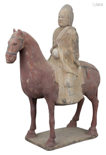 A Chinese Northern Qi Dynasty Painted Pottery Horse & Rider