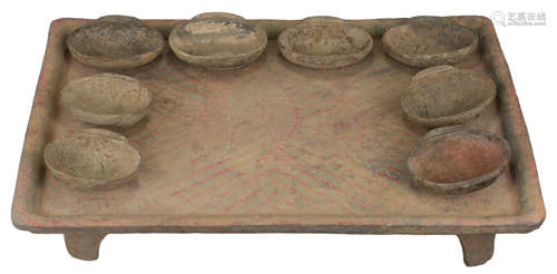 A Large Chinese Han Dynasty Painted Pottery Table with Eight Cups.