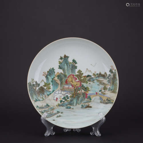 Qing dynasty famille rose plate with landscape pattern