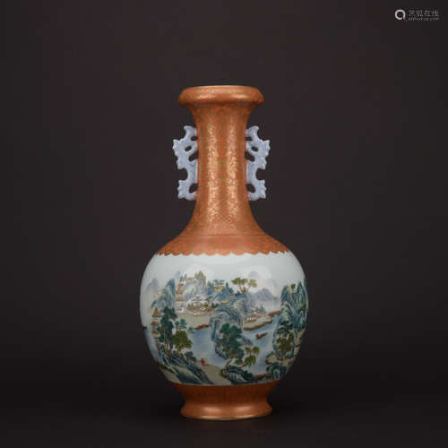 Qing dynasty famille rose bottle with landscape pattern