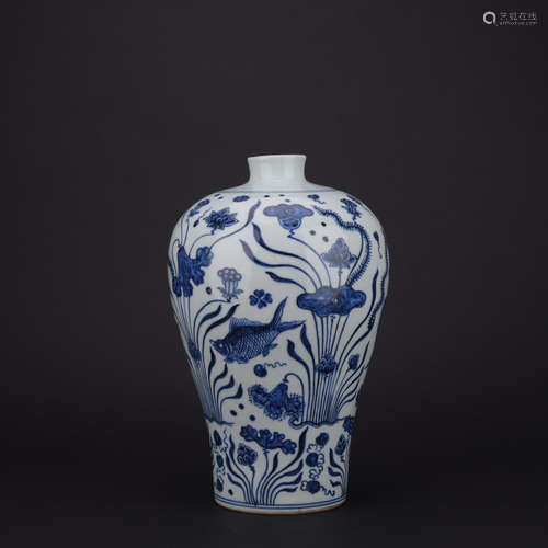 Ming dynasty blue and white prunus vase with fish pattern