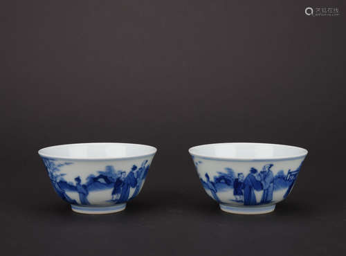 Qing dynasty blue and white cup with figures pattern 1*pair