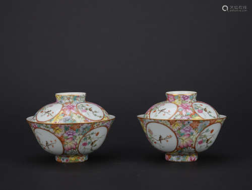 Qing dynasty famille rose tea cup with flowers and birds patten 1*pair