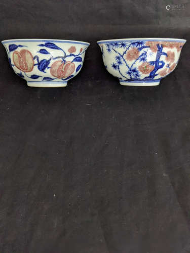 青花釉里红碗一对，大明宣德年制款
Blue and White Underglaze Red Twain Bowls, Da Ming Xuan De Nian Zhi Mark