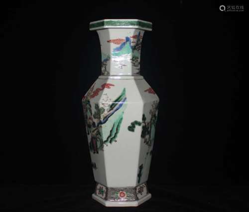 古彩人物六方瓶，大清康熙年制款
Ancient Colored Character Hexagonal Vase, Da Qing Kang Xi Nian Zhi Mark