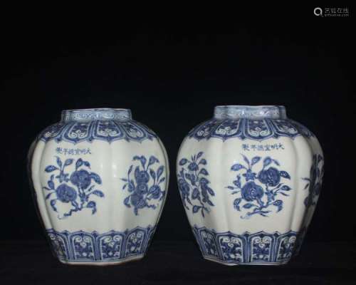 青花花果六面罐一对，大明宣德年制款
Blue and White Flower and Fruit Hexagonal Twain Jars, Da Ming Xuan De Nian Zhi Mark