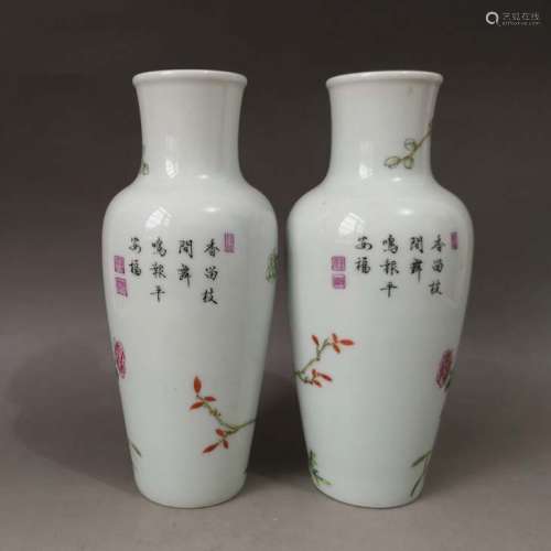 粉彩花鸟瓶一对，雍正年制款
Famille Rose Flower and Bird Twain Vases, Yong Zheng Nian Zhi Mark