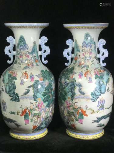 粉彩群仙祝寿双耳大瓶，大清乾隆年制款
Famille Rose Immortals Offering Birthday Congratulation Vase with Two Handles, Da Qing Qian Long Nian Zhi Mark