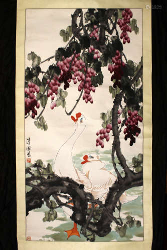 双鹅葡萄藤水墨画，赵清国款
Two Geese Grape Vine Ink Painting by Zhao Qingguo
