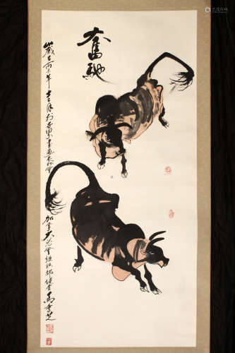 双牛奋驰水墨画，马季芝作
Two Buffaloes Striving and Galloping Theme Ink Painting by Ma Jizhi