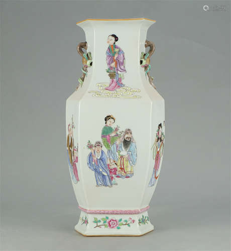 CHINESE FAMILLE ROSE FIGURE AND STORY HEXAGONAL VASE