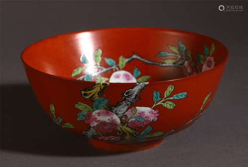 CHINESE RED GLAZE FAMILLE ROSE FLOWERS BOWL