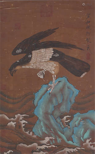 CHINESE SILK HANDSCROLL PAINTING OF EAGLE FLYING SONG HUIZONG