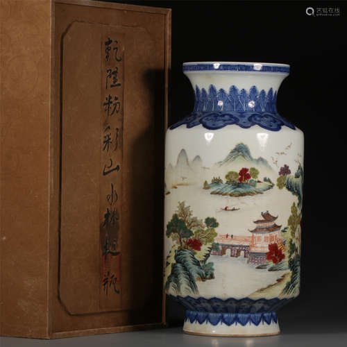 CHINESE BLUE AND WHITE FAMILLE ROSE ROULEAU VASE