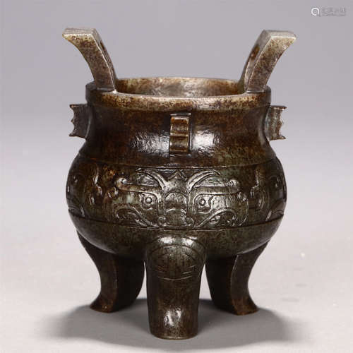 CHINESE HETIAN JADE DOUBLE HANDLE TRIPLE FOOT CENSER