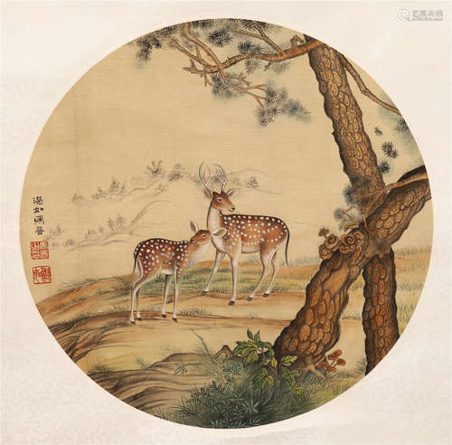 CHINESE PAINTING OF DOUBLE DEERS UNDER PINES TREE BY MA JIN