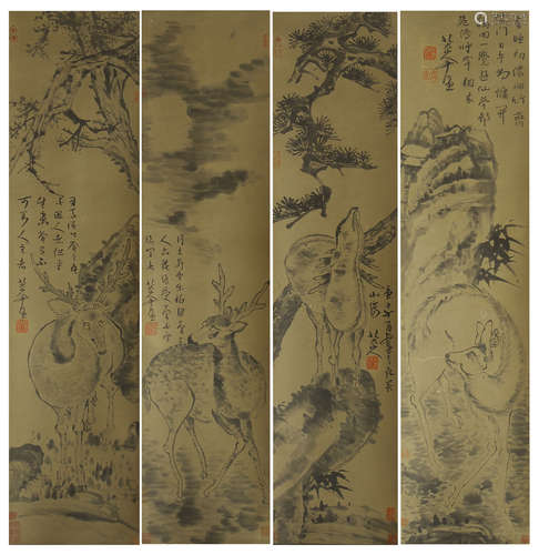 SET OF 4 CHINESE PAINTING OF DEER UNDER THE PINES TREE BY BA DA