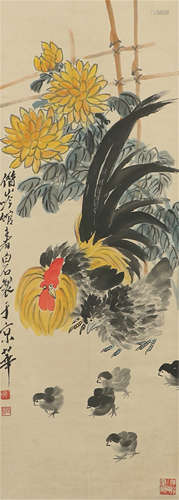 CHINESE INK AND COLOR PAINTING OF ROOSTER AND CHRYSANTHEMUM BY QI BAISHI